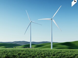 Fototapeta premium Two wind turbines standing tall in a green field under a clear blue sky