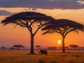 Fototapeta premium Golden Sunset Over Amboseli Savanna – Silhouetted Acacia Trees and Majestic African Landscape