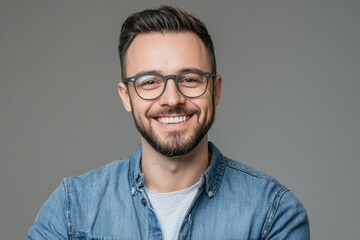 Portrait of a Joyful Handsome Man with Stylish Haircut and Glasses on a Neutral Gray Backdrop
