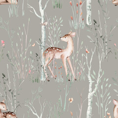 Watercolor Woodland animals seamless pattern. Fabric wallpaper forest with baby deer trees. bird baby animal Nursery backgrouns