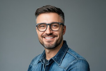 Portrait of a Joyful Handsome Male Model in Denim Shirt with Eyeglasses Against a Gray Backdrop