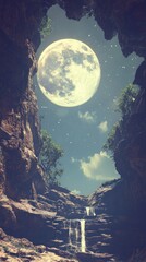 A glowing full moon shines over a waterfall in the rocks