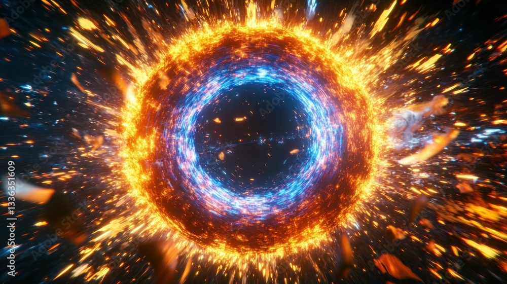 Poster A circular glowing vortex surrounded by dynamic energetic particles
