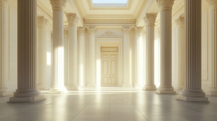 Obraz premium Radiant Gateway of a Classic Greek Palace: Illuminated Interiors with Majestic Pillars and Arches