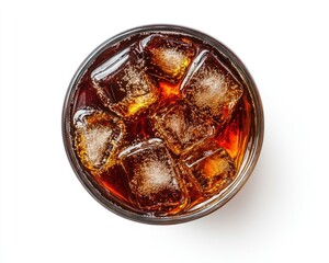Refreshing Cola in Glass with Ice Cubes - Top View Shot Isolated on White Background