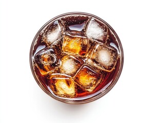 Refreshing Cola: Top View of Ice-Cooled Beverage in Glass on Crisp White Background