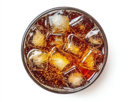 Refreshing Cola Drink with Ice Cubes in Glass - Top View on White Background