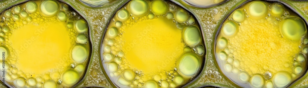 Poster abstract macro photograph shows connected yellow and green circular shapes