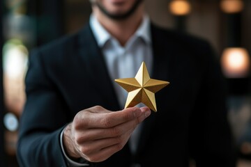 Shining Star Performer: Celebrating Success and Talent with a Happy Businessman Revealing a Golden Star Award
