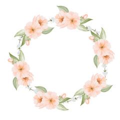 Fototapeta premium Peach or Cherry, Sakura Wreath. Spring circle Frame, Border. Watercolor hand painted botanical illustration isolated on a white background. Floral art for cards, save the date, wedding invitations.