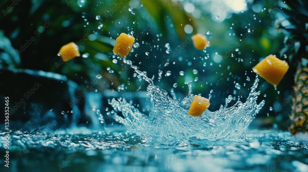Poster cubed fruit falling into water with splashes and droplets everywhere