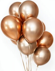 Bunch of Metallic Bronze Balloons Floating on White Background Decoration