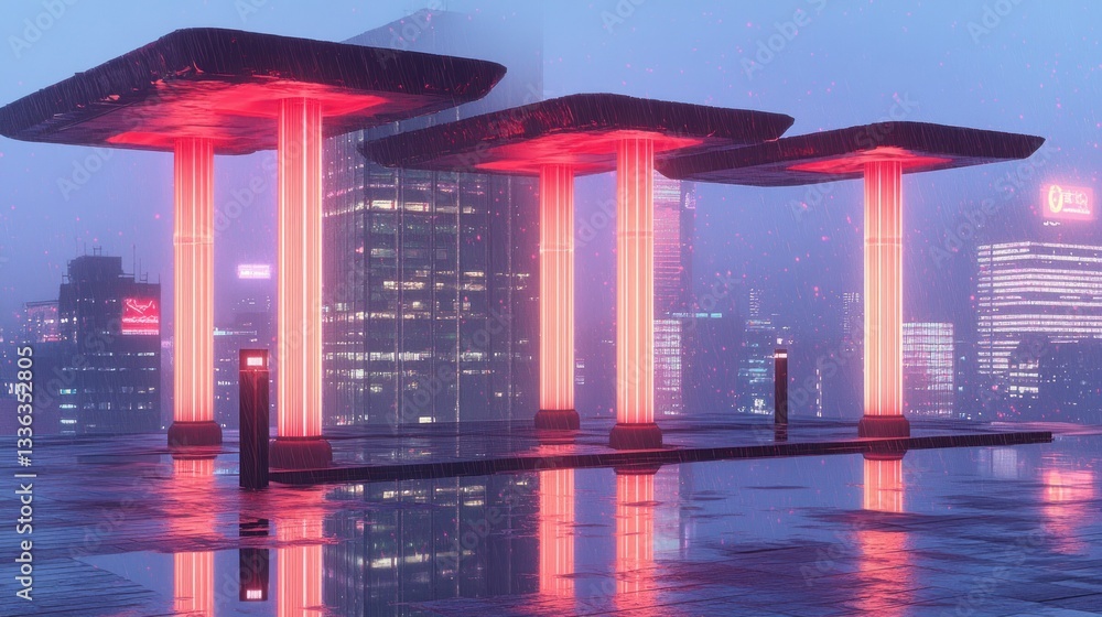 Poster Futuristic cityscape with luminous red structures and architectural elements