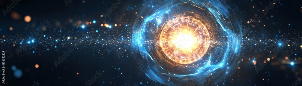 Poster a glowing energy orb surrounded by sparkling cosmic particles in space