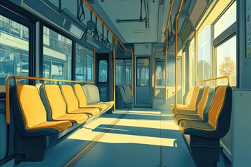 Urban Tram Interior Showcasing Vacant Bus Seats in Public Transit Environment