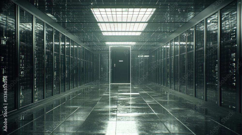 Poster data center corridor with servers and a closed door at its end