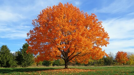 Vibrant Autumn Foliage of Sugar Maple Trees in a Scenic Landscape Under a Clear Sky