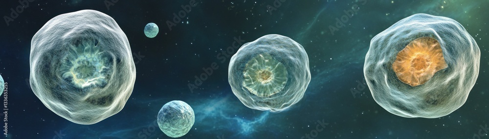 Poster rendered images of several microscopic biological cells in a space scene