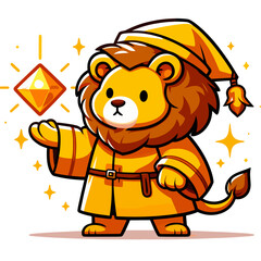 Obraz premium Cartoon lion wizard with magic lantern in yellow robe, vector illustration. Perfect for fantasy games, magical story themes, children's entertainment or mystical adventure concepts.