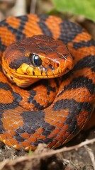 Fototapeta premium A coiled snake exhibiting bright orange and black scale patterns