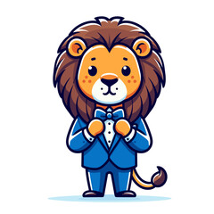 Obraz premium Cartoon lion master of ceremonies in blue suit with bow tie, vector illustration. Perfect for event hosting services, formal celebrations, entertainment management or wedding reception coordination.