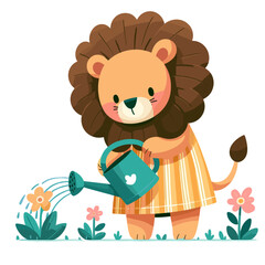 Cartoon lion gardener watering flowers with watering can, vector illustration. Perfect for gardening services, plant care guides, florist businesses or outdoor hobby promotions.