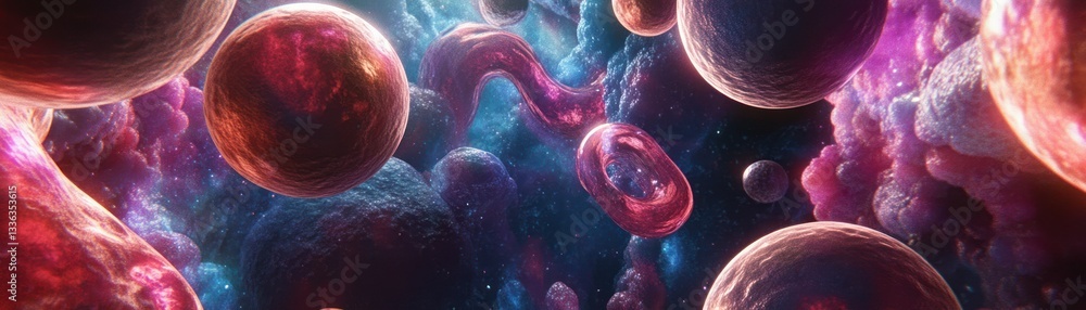 Poster abstract vibrant cosmic scene featuring spherical and fluid shapes and textures