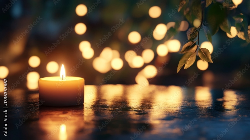Aufkleber burning candle with soft light and bokeh background creating warm atmosphere