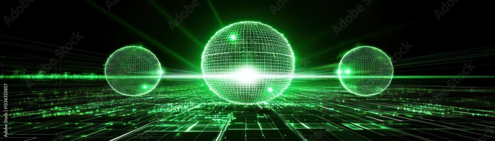 Poster three dimensional green spheres floating with light in a dark space