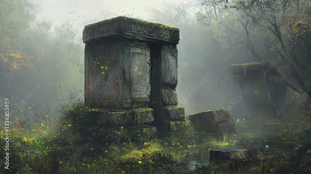 Poster an ancient stone structure stands in a misty forest environment