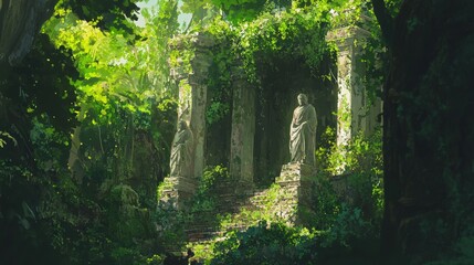 Sunlit jungle ruins, overgrown ancient columns