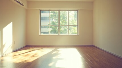 Obraz premium An empty room with sunlight shining through a large window