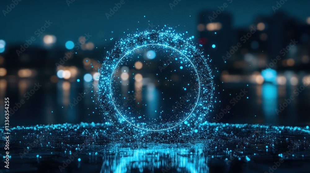 Poster A glowing blue circle comprised of many tiny sparkling particles