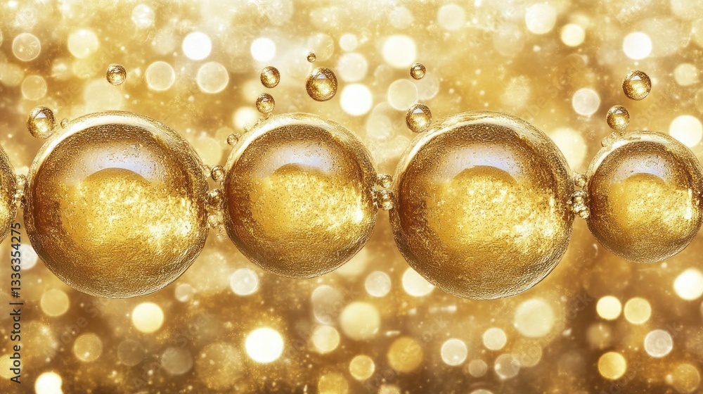 Poster Several golden spheres connected with a soft bokeh background appear
