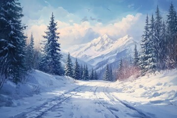 Naklejka premium Wyoming Snow: Serene Winter Road Cutting Through a Frosty Forest Landscape