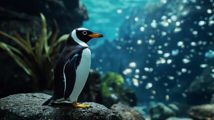 Naklejka premium Standing Penguin in Aquarium with Fish Bubbles and Underwater Plants