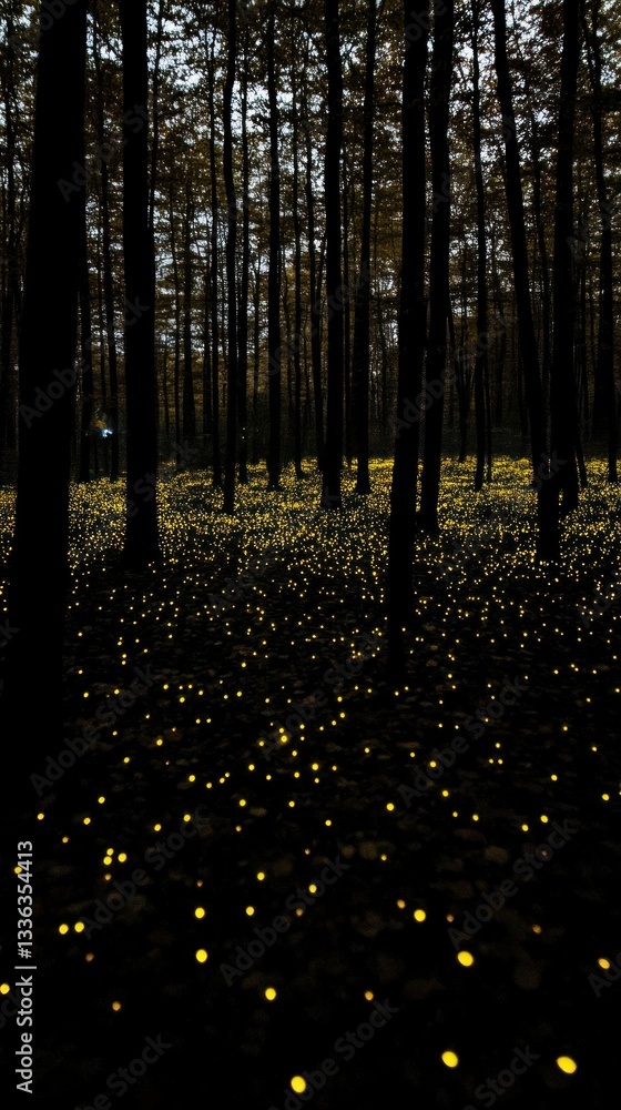Poster a dark forest with illuminated ground and tall trees