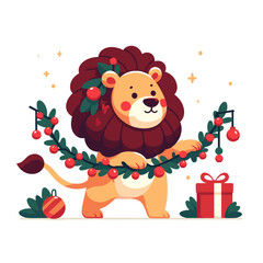 Fototapeta premium Cartoon lion with Christmas decorations and gift, vector illustration. Perfect for holiday greeting cards, winter celebrations, seasonal promotions or festive event marketing.