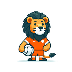 Athletic lion soccer player in orange uniform holding ball. Perfect for sports team mascots or youth football program branding.