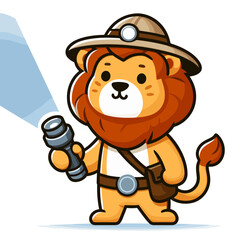 Fototapeta premium Cartoon explorer lion in safari hat holding flashlight. Perfect for adventure tours, wilderness expeditions, cave exploration services, or outdoor equipment suppliers.