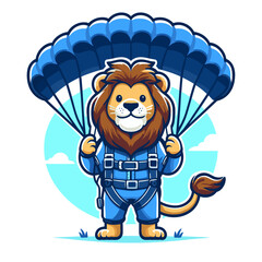 Naklejka premium Cartoon skydiver lion with blue parachute in mid-air against sky background. Perfect for extreme sports clubs, adventure tour operators, parachuting schools, or adrenaline activities.