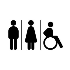 WC room signage, Man, woman and disabled icon, Toilet and bathroom sign, Simple silhouette design, Vector illustration