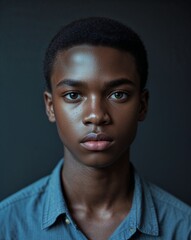 Obraz premium black African teen guy serious on plain black dark background model portrait pose close up