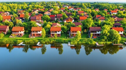 Obraz premium Scenic aerial view of houses bordering a serene blue lake