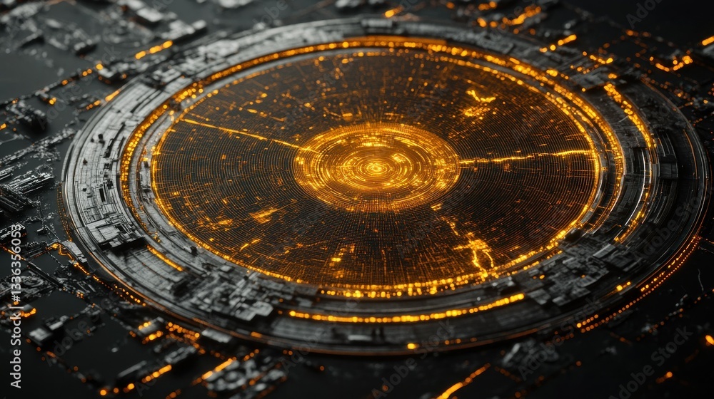 Poster Close up view of a glowing futuristic circular technological device