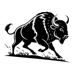 Obraz premium Powerful bison charging forward in black and white