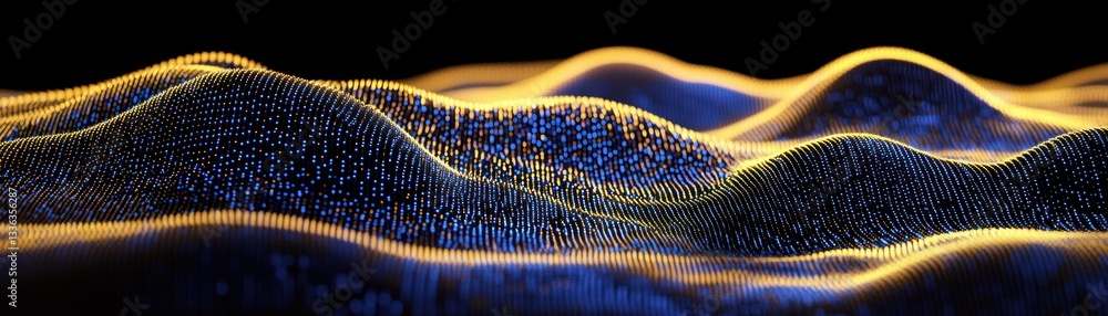 Poster abstract digital visualization depicting undulating illuminated waves in blue and yellow