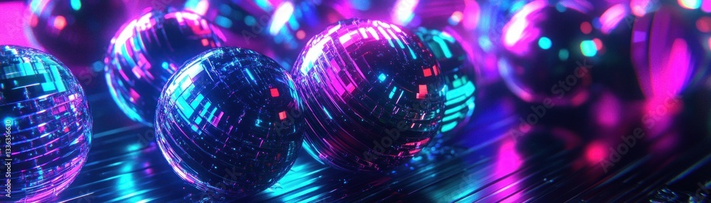 Poster several reflective spheres with abstract neon colors and textures