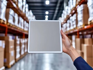 A person is holding a tablet with a blank screen in a warehouse filled with shelves of boxes, highlighting the use of technology in inventory management