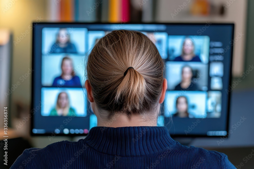 Poster A person participates in a virtual meeting, facing a computer screen displaying multiple video call participants